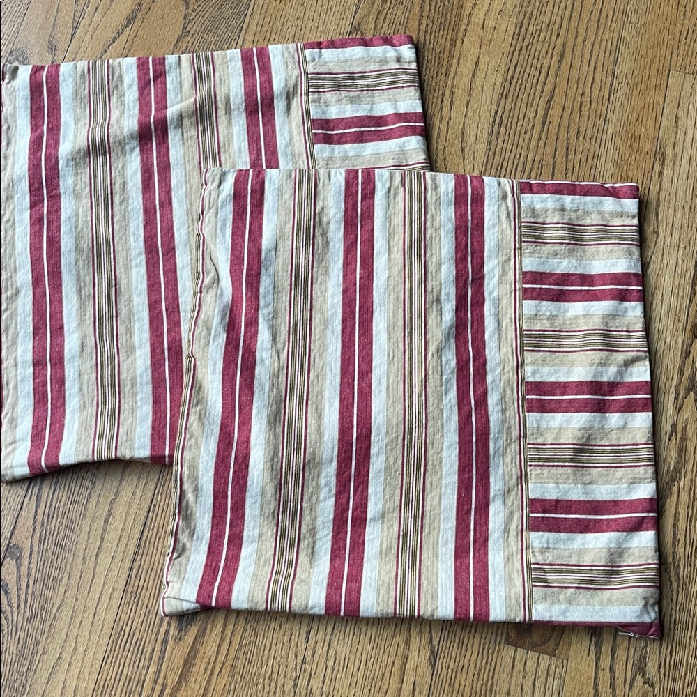 Pottery Barn Red Tan Cream Striped Linen Pillow Covers 18x18 Set of 2 - Picture 2 of 8
